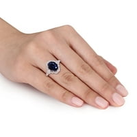 Miabella kadın 4-CT Oluşturulan Mavi Safir CT Elmas 10kt Beyaz Altın Halo Nişan Yüzüğü