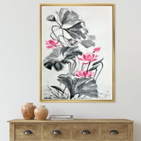 Designart 'Pembe Vintage Lotus Çiçek ve Monokrom Leaves' Geleneksel Çerçeveli Tuval Duvar Sanatı Baskı