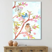 Kelebekler boyama tuval sanat baskı ile bir bahar ağacının dalında oturan zeki kuş