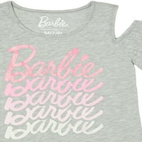 Barbie Kız Logo Soğuk Omuz Glitter Grafik T-Shirt, Boyutları 4- ve Artı