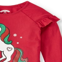 Noel Uzun Kollu Grafik Fırfırlı Tişört, Tutu ve Baskılı Tayt, Kıyafet Seti