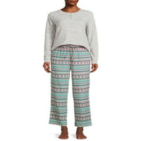 Muk Luks Bayan Henley ve Baskılı Pantolon, 2 Parça Pijama Takımı