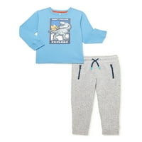Çocuklar Garanimals Erkek Dino Uzun Kollu Merceksi T-Shirt ve Kazak Polar Joggers, 2 Parça Kıyafet Seti, Boyutları