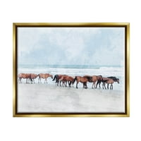 At Sürüsü Otlatma Plaj Shore Hayvanlar ve Böcekler Fotoğraf Metalik Altın Çerçeveli Sanat Baskı Duvar Sanatı