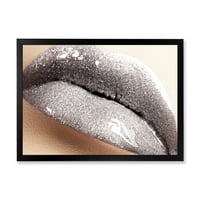 Işıltılı gümüş çerçeveli fotoğraf tuval sanat baskı ile kadın dudaklarının yakın çekim